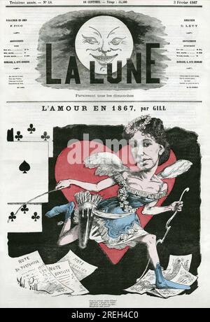 "L'Amour en 1867", portrait de mademoiselle Cora Pearl dans le role de Cupidon, au Theatre des Bouffes-Parisiens. Caricature par Gill, in "la Lune", le 3 fevrier 1867. Foto Stock