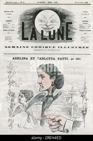 Portrait d'Adelina (1843-1919) et Carlotta Patti (1835-1889), chanteuses d'Opera italiennes. Caricatura par Gill, in 'la Lune', le 25 novembre 1866. Foto Stock