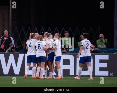 Sydney, Australia. 28 luglio 2023. I giocatori d'Inghilterra celebrano il punteggio durante la partita del gruppo D tra Inghilterra e Danimarca alla Coppa del mondo femminile 2023 a Sydney, Australia, il 28 luglio 2023. Credito: HU Jingchen/Xinhua/Alamy Live News Foto Stock