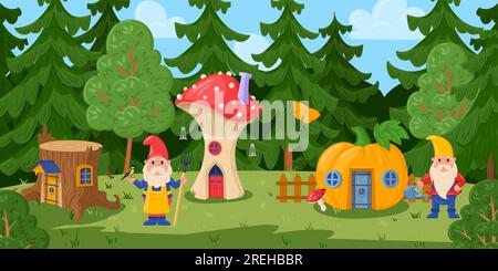 Villaggio fiabesco della foresta dei cartoni animati, case da favola con funghi gnomi. Gnomi di legno o alloggiamento degli elfi. Vettoriale di villaggio fiabesco, fiera dei cartoni animati della foresta fantasy Illustrazione Vettoriale