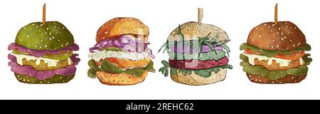 Hamburger vegetariano in stile acquerello. Illustrazione dei fast food disegnati a mano, isolati su sfondo bianco. Foto Stock