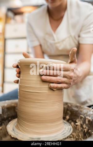 Vista ritagliata di una donna africana in grembiule sfocato che forma l'argilla sulla ruota di ceramica in un laboratorio di ceramica Foto Stock