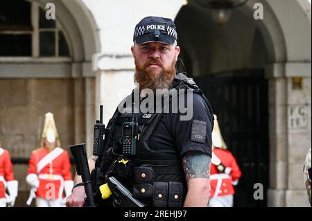 Ufficiale di polizia Armed Police Protecting the Changing of the King's Life Guard , Horse Guards Parade, Whitehall, Londra, Regno Unito Foto Stock