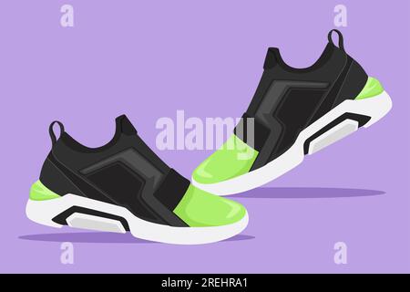 Sneakers fitness stilizzate disegnate in stile cartoni animati per allenarsi o correre. Logotipo di scarpe sportive. Viaggiatore turistico, alla moda e informale Foto Stock