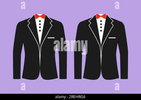 Disegno piatto del personaggio logo formale uomo stilizzato, etichetta, modello, volantino, adesivo, simbolo. Giacca da uomo. Abito da uomo nuziale, tuxedo. Icona abiti in b Foto Stock