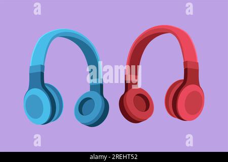 Set di disegno grafico piatto con cuffie stilizzate dalla vista dall'alto. Concetto di strumenti per la registrazione musicale. Modello accessorio per cuffie musicali Foto Stock