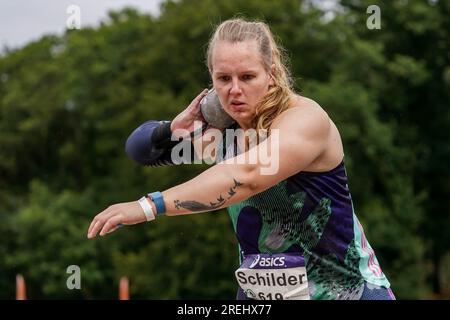 BREDA, PAESI BASSI - LUGLIO 28: Jessica Schilder di AV Hera gareggia sulle donne - Shot-put durante i Campionati nazionali olandesi di atletica leggera il 28 luglio 2023 a Breda, Paesi Bassi (foto di Andre Weening/Orange Pictures) credito: Orange Pics BV/Alamy Live News Foto Stock