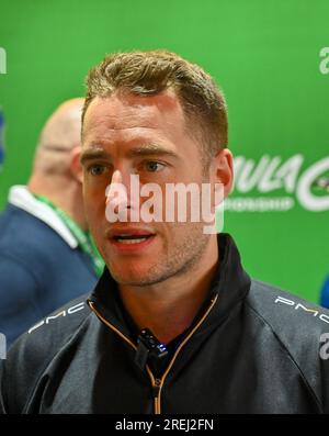 Londra, Regno Unito. 28 luglio 2023. Excel, Londra, Regno Unito il 28 2023 luglio. Stoffel Vandoorne ad un evento mediatico durante l'HANKOOK 2023 London ABB Formula e World Championship all'Excel di Londra, Regno Unito, il 28 2023 luglio. Crediti: Francis Knight/Alamy Live News Foto Stock