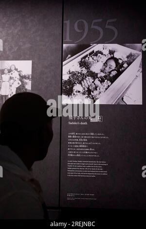 27 luglio 2023, Hiroshima, Giappone: Le immagini delle vittime della bomba atomica sulla città di Hiroshima nel 1945 sono in mostra al Museo della Pace di Hiroshima. Quest'anno segnerà i 78 anni dal bombardamento atomico di Hiroshima (6 agosto 1945) durante la seconda guerra mondiale. Il Giappone è l'unico paese attaccato dalle bombe atomiche. Un gruppo di giornalisti stranieri ha visitato la città di Hiroshima (in un tour stampa) prima della cerimonia commemorativa. Il tour stampa è stato organizzato dal Ministero degli affari Esteri del Giappone con il sostegno del Foreign Press Center Japan. (Immagine di credito: © Rodrigo Reyes Marin/ZUMA Press Wire) ed Foto Stock