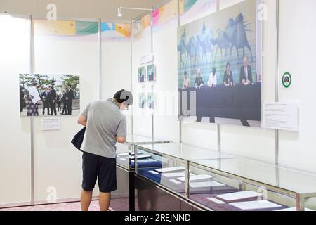 27 luglio 2023, Hiroshima, Giappone: Un visitatore guarda le foto e i documenti dei leader del G7 sono in mostra durante una mostra speciale al Museo Memoriale della Pace di Hiroshima. Quest'anno segnerà i 78 anni dal bombardamento atomico di Hiroshima (6 agosto 1945) durante la seconda guerra mondiale. Il Giappone è l'unico paese attaccato dalle bombe atomiche. Un gruppo di giornalisti stranieri ha visitato la città di Hiroshima (in un tour stampa) prima della cerimonia commemorativa. Il tour stampa è stato organizzato dal Ministero degli affari Esteri del Giappone con il sostegno del Foreign Press Center Japan. (Immagine di credito: © Rodrigo Reyes Marin/Z Foto Stock