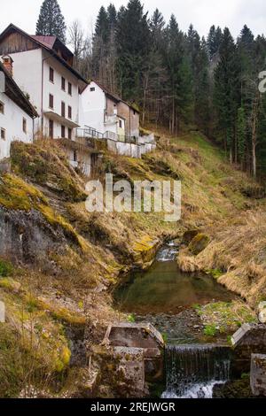 Vecchi edifici vicino al torrente Degano nella Valle del Degano nel villaggio montano di Rigolato in Carnia, Friuli-Venezia Giulia, ne Italia Foto Stock