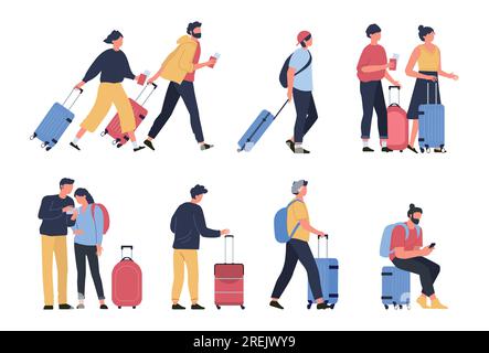 Viaggiatori all'aeroporto. Turisti d'affari, persone che aspettano i bagagli presso il terminal degli aeroporti, personaggi che camminano e hasting to boarding. Vettoriale di business p Illustrazione Vettoriale