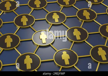 Monete d'oro interconnesse con figure di persone. Concetto di squadra di lavoro. illustrazione 3d. Foto Stock