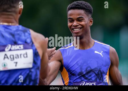 BREDA, PAESI BASSI - LUGLIO 28: Isaya Klein Ikkink di Rotterdam Atletiek che gareggia su uomini - semifinale di 400 metri durante i Campionati nazionali olandesi di atletica leggera il 28 luglio 2023 a Breda, Paesi Bassi (foto di Andre Weening/Orange Pictures) credito: Orange Pics BV/Alamy Live News Foto Stock