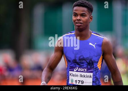 BREDA, PAESI BASSI - LUGLIO 28: Isaya Klein Ikkink di Rotterdam Atletiek che gareggia su uomini - semifinale di 400 metri durante i Campionati nazionali olandesi di atletica leggera il 28 luglio 2023 a Breda, Paesi Bassi (foto di Andre Weening/Orange Pictures) credito: Orange Pics BV/Alamy Live News Foto Stock