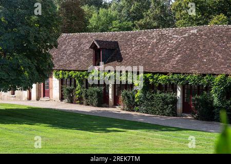 Casa di campagna con un albero e una foresta sullo sfondo Foto Stock