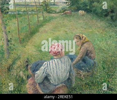 Titolo: Giovani contadine che riposano nei campi vicino a Pontoise Creatore: Camille Pissarro anno: 1882 contenuto: Una scena di due giovani contadine che riposano in un campo. Le ragazze sono sedute su una coperta all'ombra di un albero. Entrambi indossano abiti semplici. Sullo sfondo è visibile un campo di grano. Dimensioni: 65,41 x 81,6 cm Medio: Olio su tela luogo: National Gallery of Art, Washington, D.C. Foto Stock