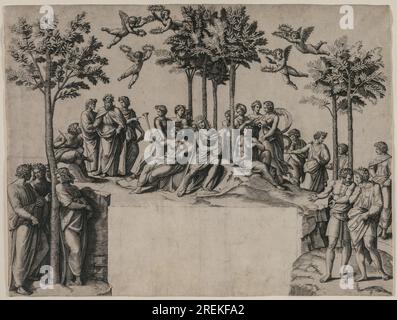 Apollo sul Parnaso 1517 di Marcantonio Raimondi Foto Stock