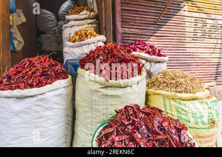 Sokalipura, Srinagar, Jammu e Kashmir, India. 25 ottobre 2022. Peperoncino essiccato in un negozio di Srinagar. Foto Stock