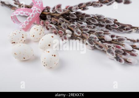 Uova di gallina bianche con rami di salice. Bella foto Foto Stock