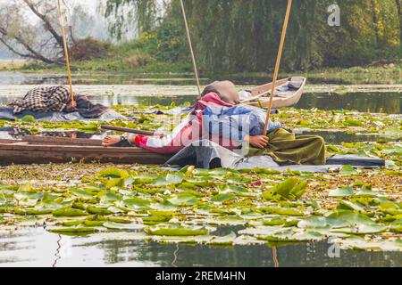 Dal Lake, Srinagar, Jammu e Kashmir, India. 1° novembre 2022. Uomini che dormono sulle loro barche a dal Lake. Foto Stock