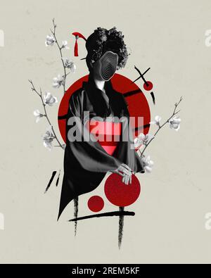 Aspetto ipnotico. Giovane donna giapponese come geisha su sfondo chiaro con elementi astratti. Collage d'arte contemporanea. Foto Stock