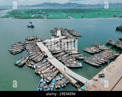YANTAI, CINA - 28 LUGLIO 2023 - le barche da pesca impegnate nell'agricoltura offshore tornano al porto per ripararsi dal vento al porto di pesca di Dongkou Foto Stock