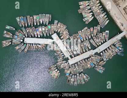 YANTAI, CINA - 28 LUGLIO 2023 - le barche da pesca impegnate nell'agricoltura offshore tornano al porto per ripararsi dal vento al porto di pesca di Dongkou Foto Stock