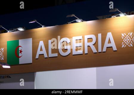 San Pietroburgo, Russia. 28 luglio 2023. Un cartello algerino visto al secondo vertice Russia-Africa Forum economico e umanitario 2023 a San Pietroburgo. (Foto di Maksim Konstantinov/SOPA Images/Sipa USA) credito: SIPA USA/Alamy Live News Foto Stock