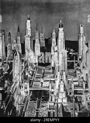 New York, New York: 1930. Una vista di una città futuristica nel 1980 in un'immagine tratta dal film fantasy fantascientifico "Just Imagine", diretto da David Butler. Foto Stock