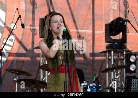 REGIONE DI TVER, RUSSIA - 21 LUGLIO 2023: Cantante della band folk metal "Kot-Bayun" sul palco dello storico festival "Epic Coast-2023" Foto Stock