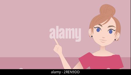 Illustrazione di una donna d'affari caucasica che punta con il dito e lo spazio di copia su sfondo rosa Foto Stock