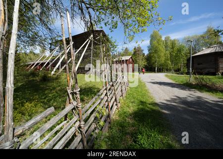 UMEÅ, SVEZIA IL 30 MAGGIO 2023. Vista all'aperto di un'ex fattoria, oggi un museo all'aperto. Visitatori non identificati. Editoriale u Foto Stock