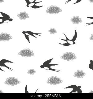 Motivo bianco e nero senza cuciture con rondini volanti e nuvole. Illustrazione Vettoriale