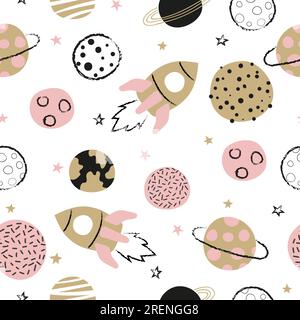 Schema dello spazio infantile senza interruzioni con pianeti e razzi disegnati a mano. Illustrazione Vettoriale