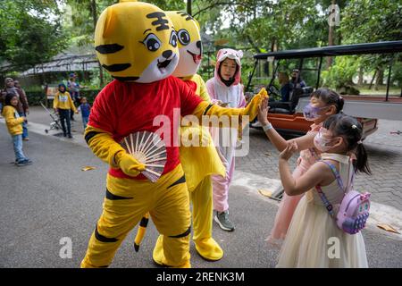 Kuala Lumpur, Malesia. 29 luglio 2023. Gli artisti in costumi di tigre interagiscono con i visitatori dello Zoo Negara, lo zoo nazionale della Malesia, a Kuala Lumpur, Malesia, il 29 luglio 2023. La giornata internazionale della tigre viene celebrata il 29 luglio di ogni anno. Crediti: Chong Voon Chung/Xinhua/Alamy Live News Foto Stock