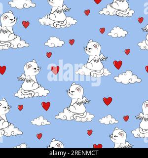 Modello senza cuciture con gatto angelo e cuori. Illustrazione Vettoriale