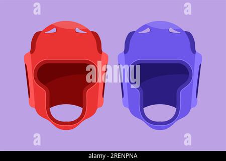 Disegno piatto carattere casco da boxe stilizzato logo vista frontale, etichetta, simbolo. Cappello da palestra di protezione rosso e blu. Attrezzatura per l'allenamento dei Boxer. Uniforme uomo m Foto Stock