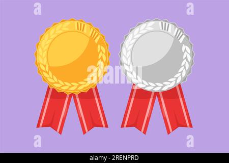 Design piatto grafico che disegna medaglie d'oro e d'argento set realistico con nastri. Simboli del vincitore. Risultati da competizione, torneo, campionato Foto Stock