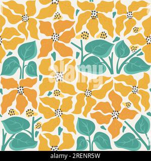Fiori astratti e foglie moderni e affilati. Pattern vettoriale senza cuciture di campi di girasoli. Arte botanica organica e alla moda, banner. Illustrazione Vettoriale