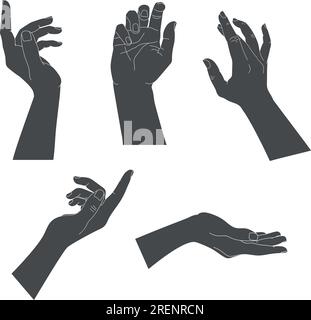 Set di mani umane con diversi gesti graziosi. Silhouette a mano isolate su sfondo bianco. Illustrazione vettoriale Illustrazione Vettoriale