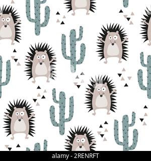 Modello infantile senza cuciture con riccio e cactus carini. Illustrazione Vettoriale