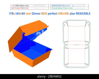 Scatola da pranzo Die line o modello fustellato da 178 x 160 x 80 mm auto-assemblato ecologico, senza colla, scatola per hamburger fast food Illustrazione Vettoriale