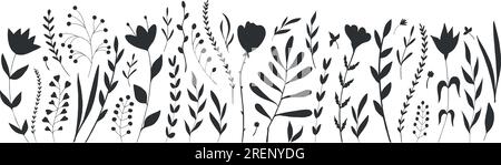 Set floreale e vegetale con varie silhouette floreali disegnate a mano. Elementi botanici isolati su sfondo bianco. Letto di fiori. Set botanico Illustrazione Vettoriale