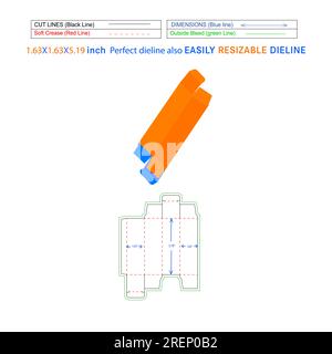 Scatola ripiegabile RTE con estremità ripiegabile inversa scatola cosmetica di cartone alimentare (1,63x1,63x5,19) modello di linea stampo in pollici e file vettoriale 3D. Illustrazione Vettoriale