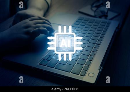 Le donne usano la potenza dell'intelligenza artificiale sui notebook. Concetto di chat ai. Intelligenza artificiale. Trasformazione tecnologica futuristica. Foto Stock