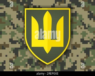 Tridente sullo scudo dell'esercito ucraino. Simbolo dell'esercito dell'Ucraina sullo sfondo del modello militare pixel. Scudo con insegne vettoriali guerrieri Illustrazione Vettoriale