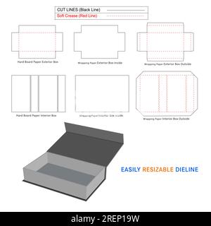Scatola rigida personalizzata, scatole Luxury rigide magnetiche modello linea di stampo e scatola 3D. Illustrazione Vettoriale