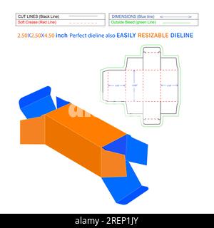 Confezione della scatola pieghevole con estremità dritta da 2,50 x 2,50 x 4,50 pollici modello di linea della matrice e file vettoriale 3D. Illustrazione Vettoriale