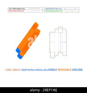 Scatola pieghevole RTE con estremità ribaltabile rovesciata scatola di cartone per alimenti (1,38x1,38x6,91) modello di linea stampo da pollice e file vettoriale 3D. Illustrazione Vettoriale